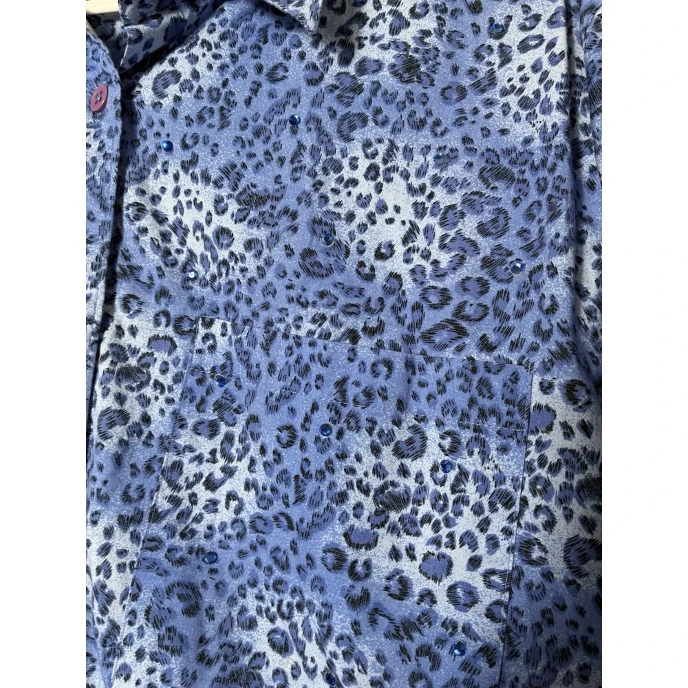 Quacker factory Button Up Shirt With Rinestones Sz XL‎ Blue Animal Print Cotton